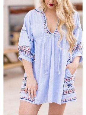 Forever 21 Light Blue Striped Embroidered Tunic Top